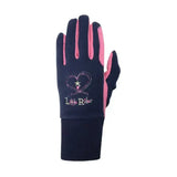 Navy blue and pink riding star children’s winter gloves with cosy fleece lining and star heart embroidery by little rider