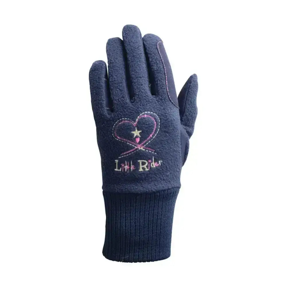Navy blue riding star children’s little rider glove with pink white embroidered heart and star design on back with cosy fleece lining