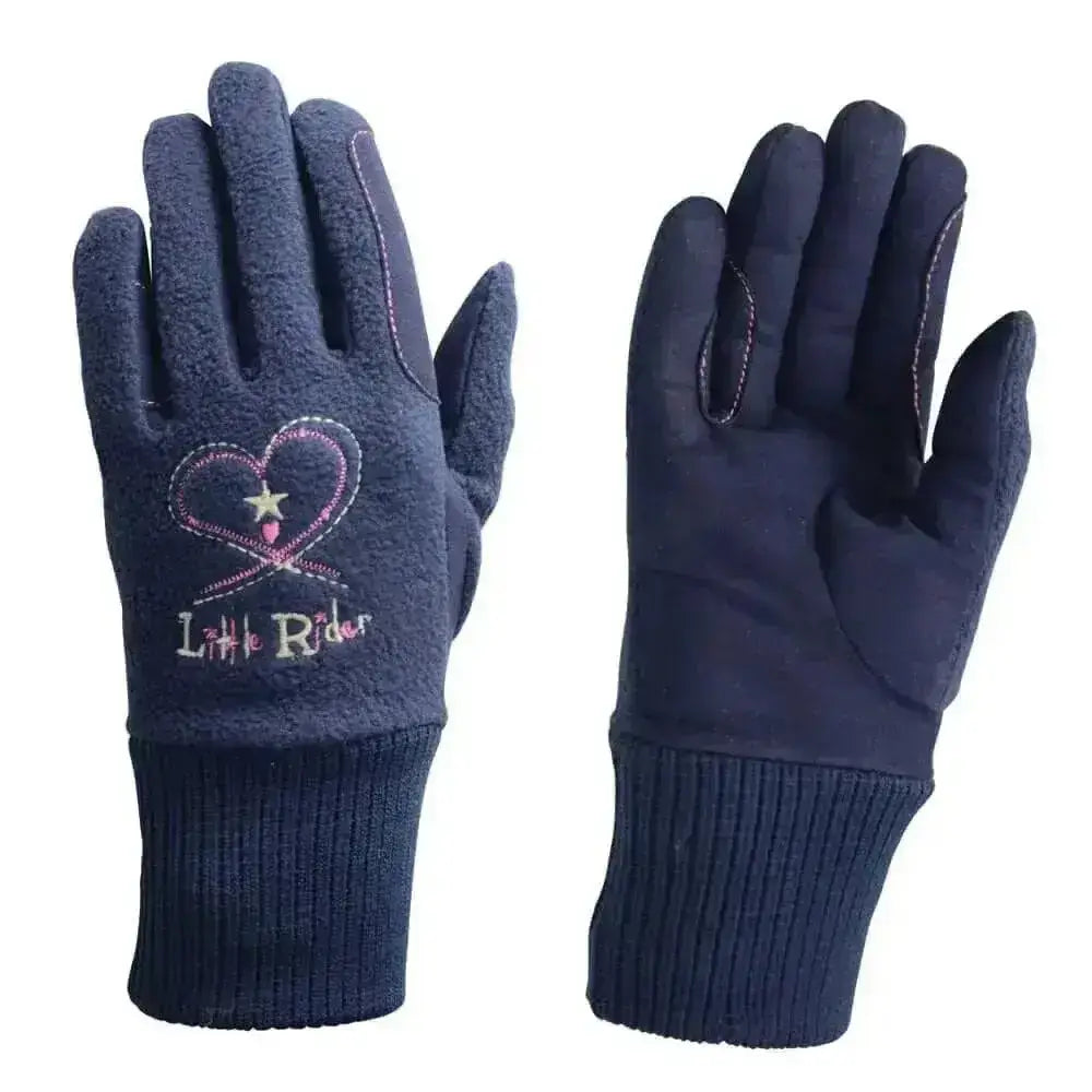 Dark blue knit riding star children’s gloves with cosy fleece and heart star embroidery on the back of one hand