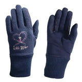 Dark blue knit riding star children’s gloves with cosy fleece and heart star embroidery on the back of one hand