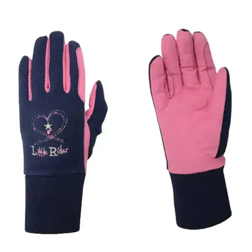 Back of pink and navy blue riding star children’s winter gloves with heart and star embroidery and cosy fleece lining