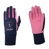 Back of pink and navy blue riding star children’s winter gloves with heart and star embroidery and cosy fleece lining