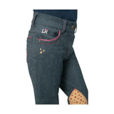 Dark denim riding star collection jodhpurs with pink stitching gold star embroidery and tan knee patch with red stars