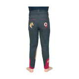 Back view of dark gray riding star collection denim jodhpurs with embroidered horse patches and magenta cuffs by little rider