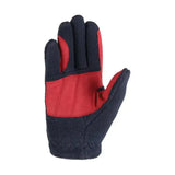 Red and navy blue fleece riding gloves from the riding star collection with textured fabric panels on the back side