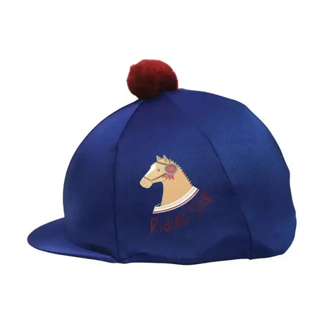 Royal blue riding star collection horse hood with red pom-pom and embroidered horse design in gorgeous hat silk