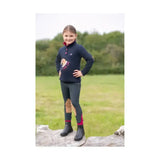 Navy blue long-sleeved riding star collection jumper with textured appliqué horse and red trim by little rider