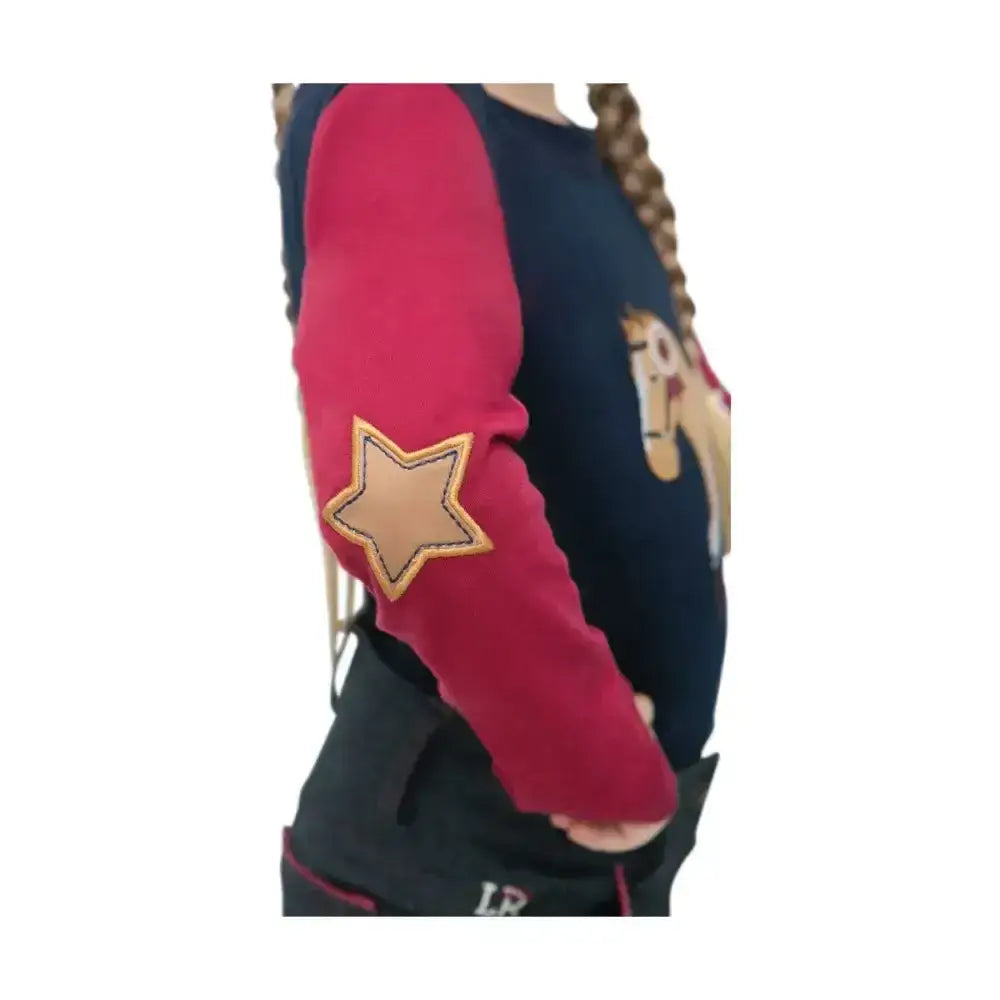 Navy blue and fuchsia riding star collection long sleeve t with tan star patch and embroidered horse design