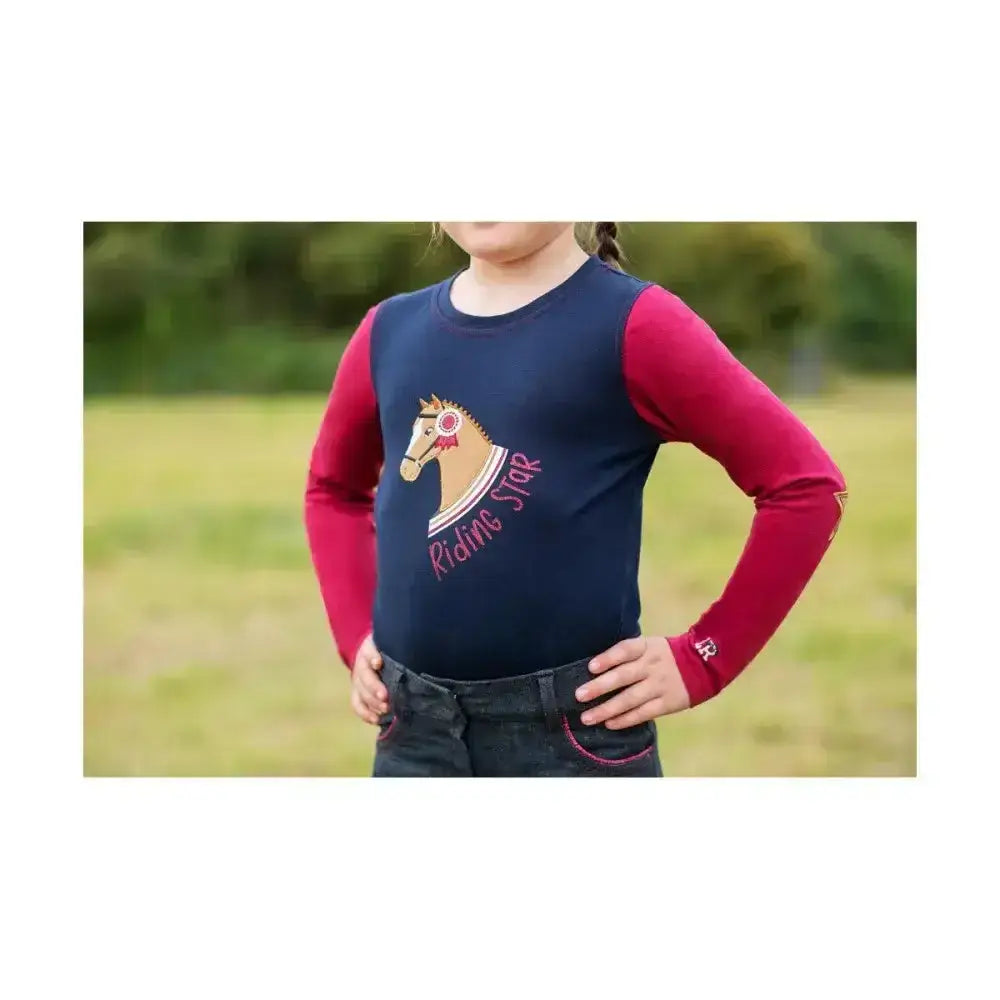 Navy blue and red long sleeve t-shirt from riding star collection with embroidered horse design and riding star text