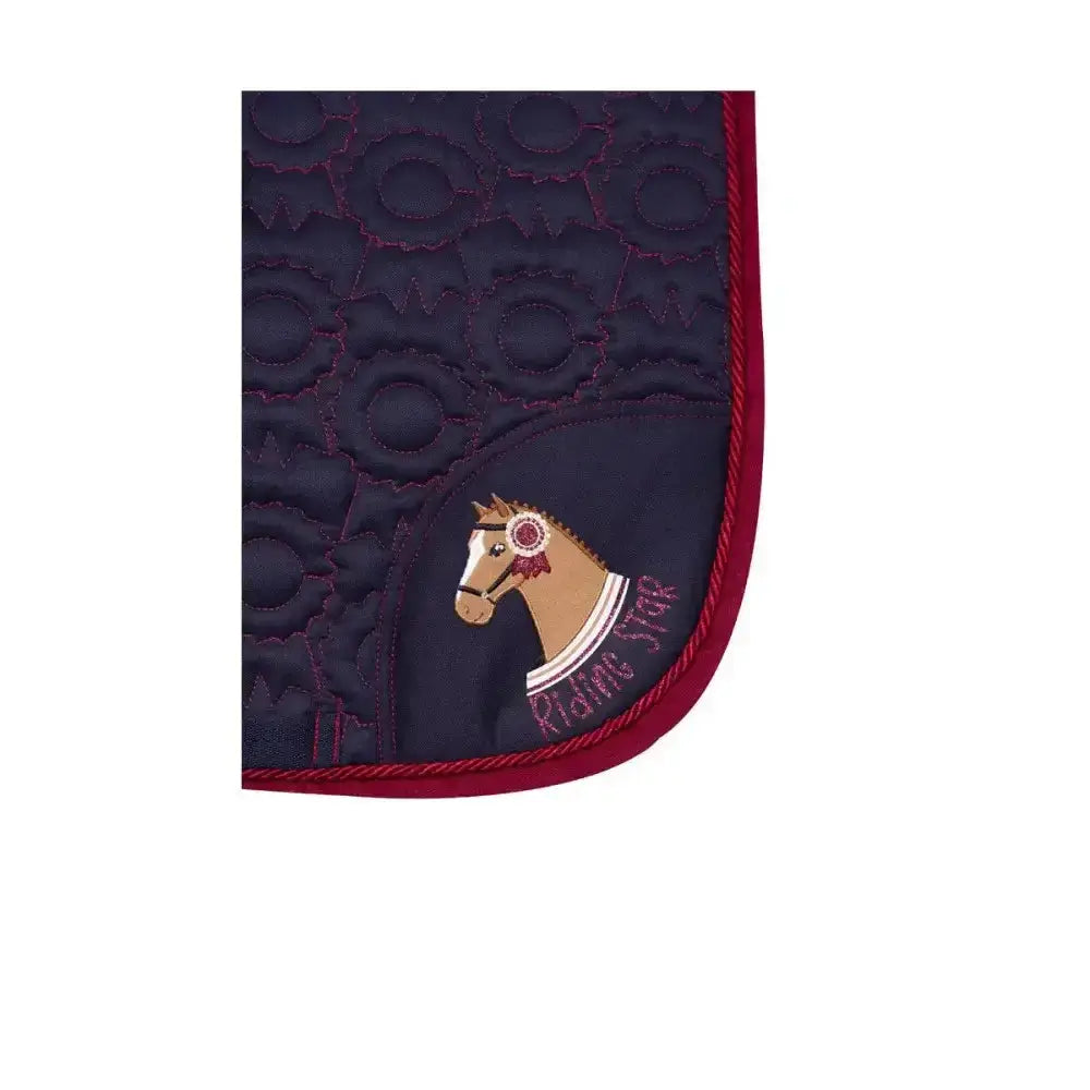 Navy blue quilted horse rug with red trim and standout applique horse’s head from riding star collection by Little Rider