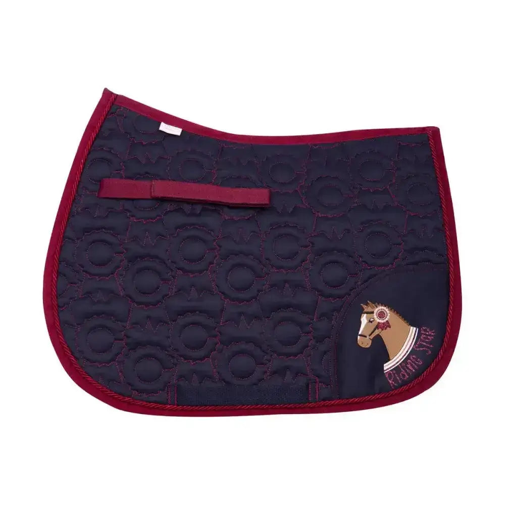 Navy blue quilted saddle pad from riding star collection with red trim and standout applique horses by little rider