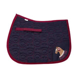 Navy blue quilted saddle pad from riding star collection with red trim and standout applique horses by little rider