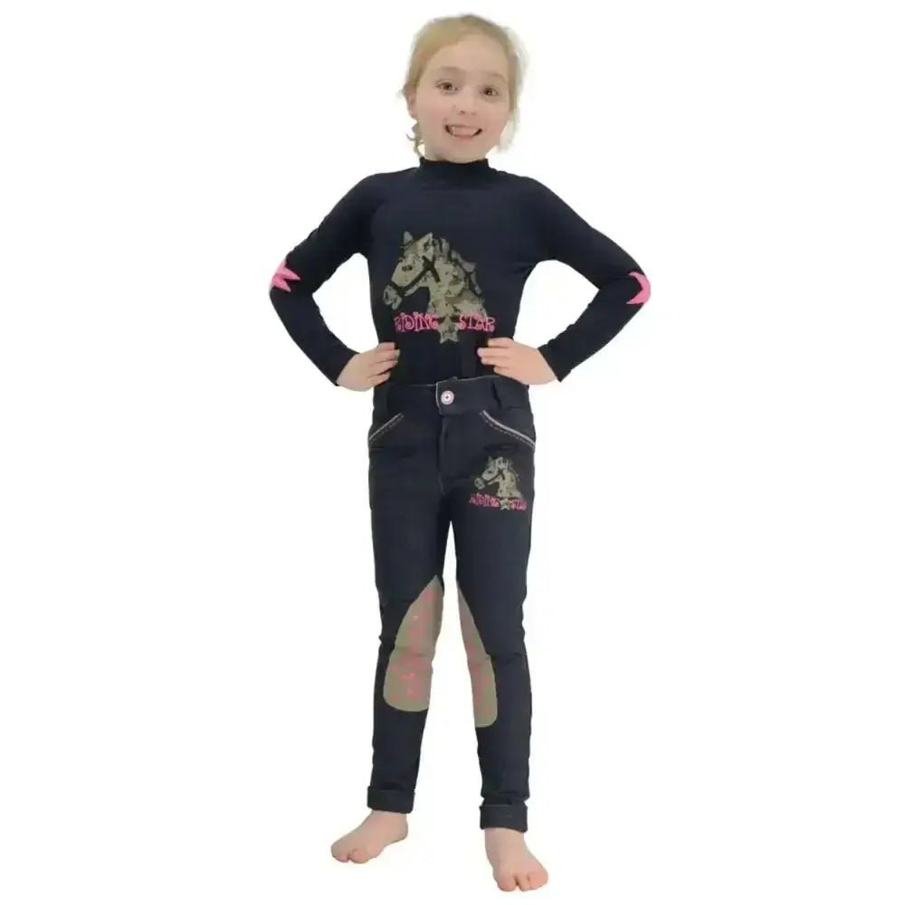 Black long-sleeved riding star denim top with pink accents and horse graphics featuring reinforced alos knees