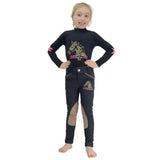 Black long-sleeved riding star denim top with pink accents and horse graphics featuring reinforced alos knees