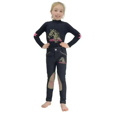 Black long-sleeved riding star denim top with pink accents and horse graphics featuring reinforced alos knees