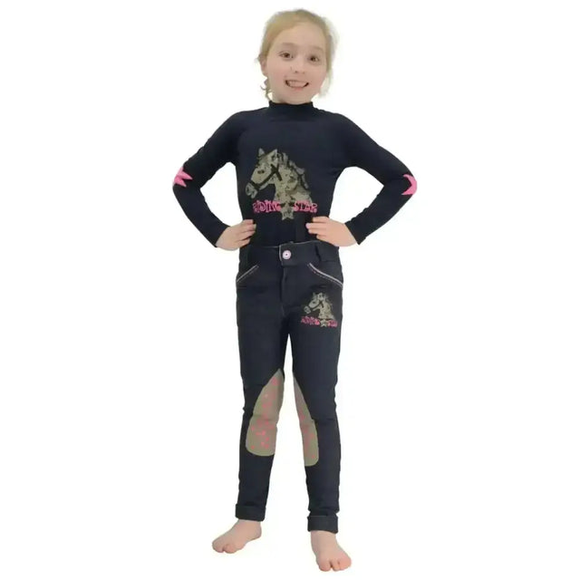 Black long-sleeved riding star denim top with pink accents and horse graphics featuring reinforced alos knees