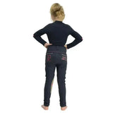 Back view of black riding star denim jodhpurs with pink embroidery and reinforced alos knees by little rider