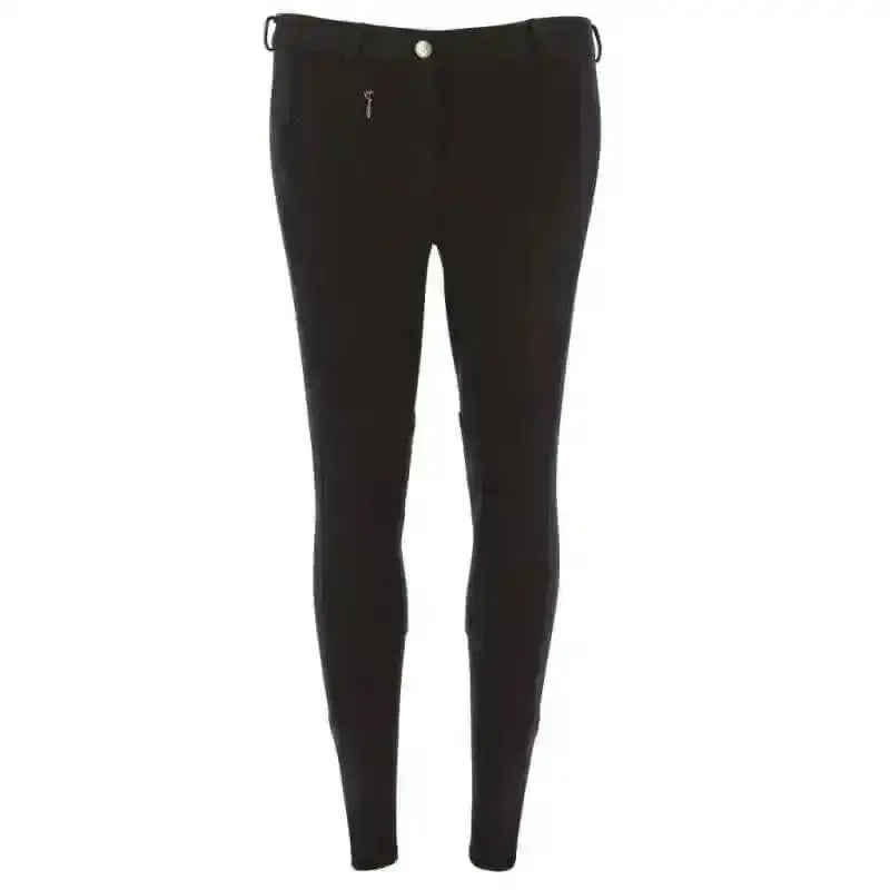 Black riding world djerba kids breeches with sleek form fitting design and subtle front zipper detailing knitted kids breeches