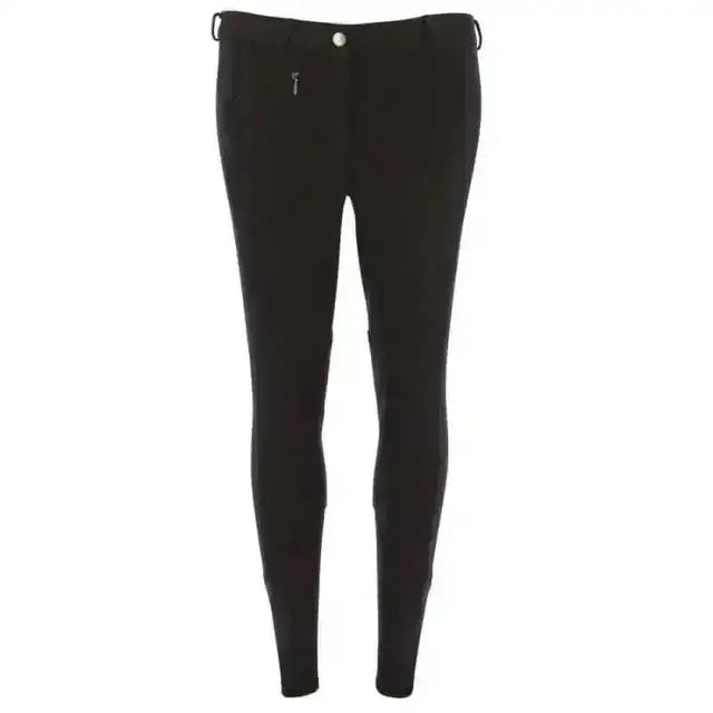 Black riding world djerba kids breeches with sleek form fitting design and subtle front zipper detailing knitted kids breeches
