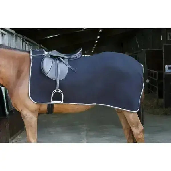 Navy blue riding world exercise fleece horse blanket with white trim made of anti-lint polyester and saddle on top