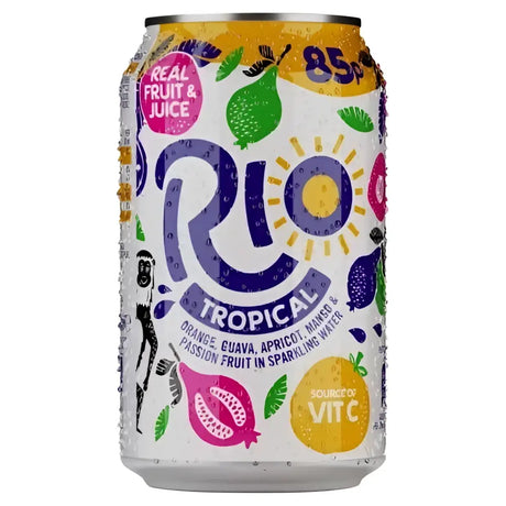 A vibrant colorful rio tropical 330mls can with playful fruit illustrations and the brand logo on a tropical 330mls cans design