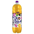 A vibrant yellow plastic bottle of rio tropical drink 2 litre with a purple cap and tropical-themed label