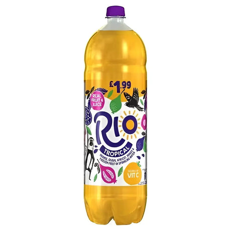 A vibrant yellow plastic bottle of rio tropical drink with a purple cap and colorful tropical-themed label 2 litre
