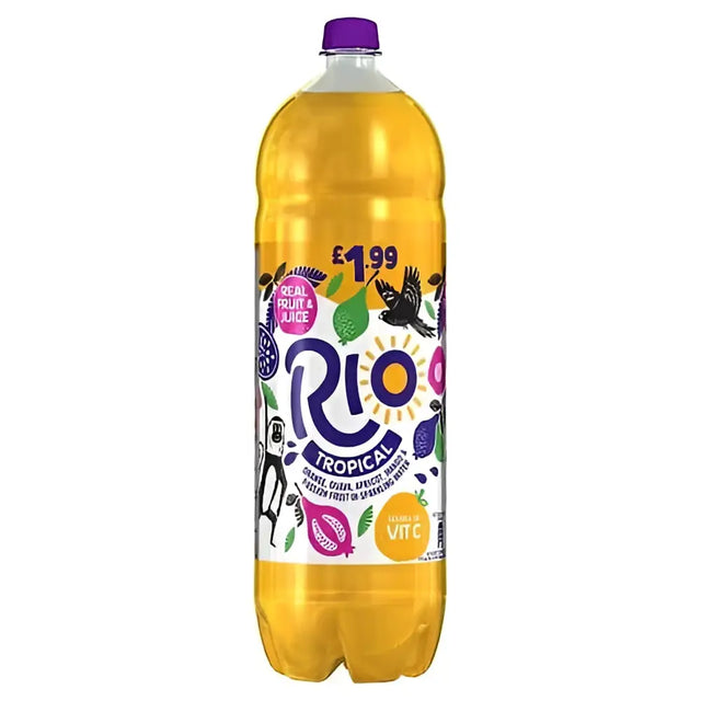 A vibrant yellow plastic bottle of rio tropical drink 2 litre with a purple cap and tropical-themed label