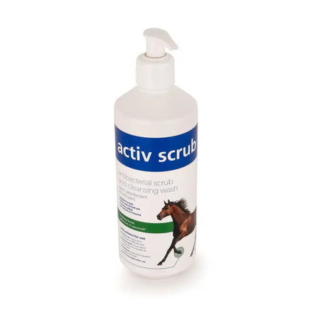 White plastic bottle of robinson activ scrub antibacterial cleansing wash with a brown horse for mud fever and rain scald