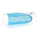 A light blue and white robinson cotton wool roll labeled all purpose veterinary care cotton wool roll by robinson animal healthcare