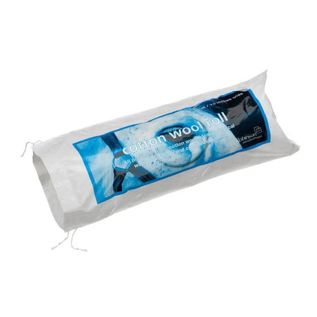 A white cotton wool roll in clear plastic packaging with blue and black robinson cotton wool labeling for medical use