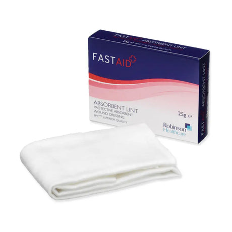 White absorbent lint bpc dressing in a blue and pink robinson fast aid box labeled highly absorbent plain wound care