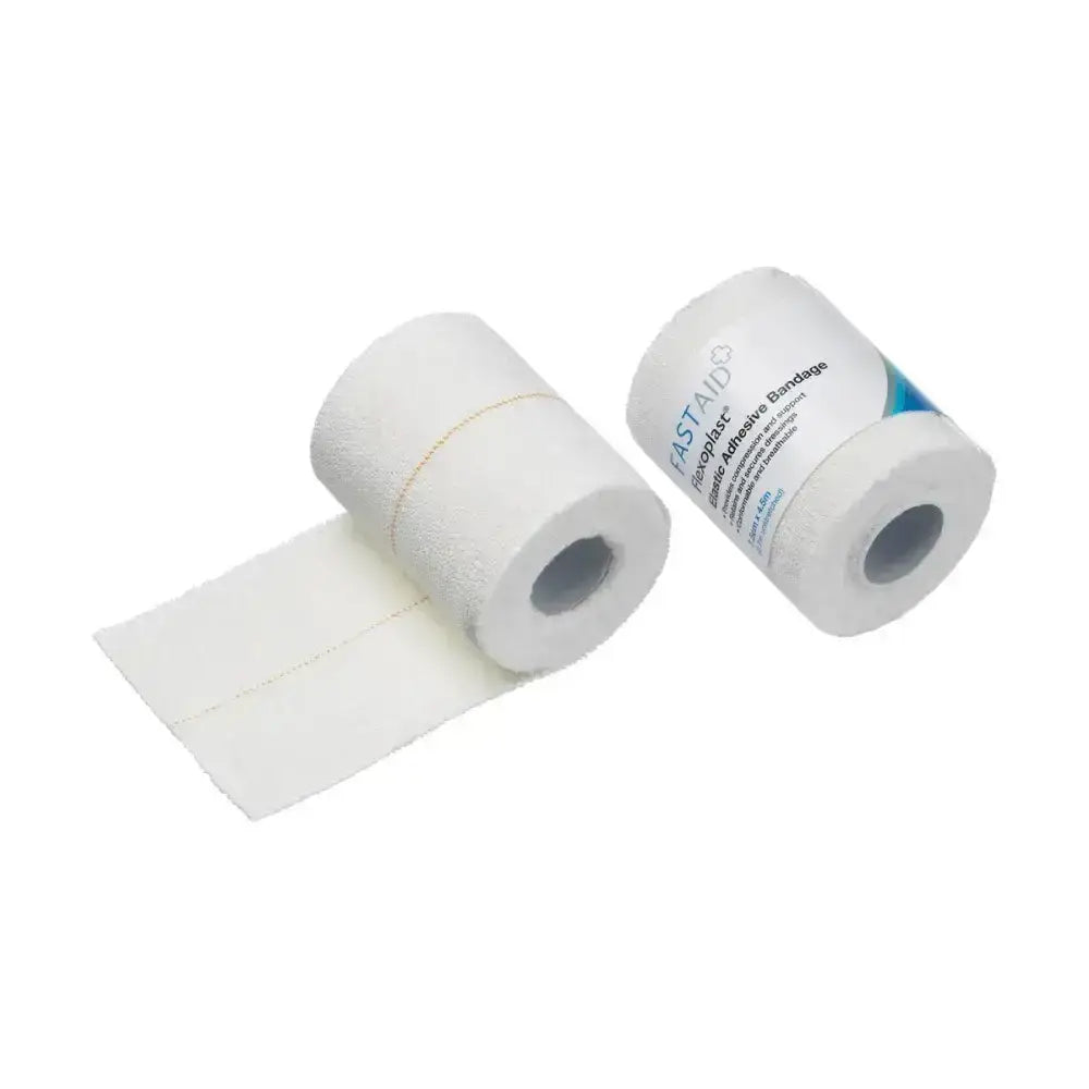 White robinson flexoplast elastic adhesive bandage rolls with woven elasticated fabric and blue branding on the packaging