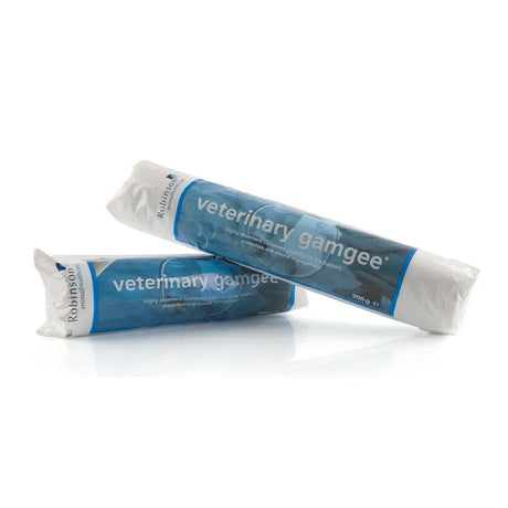 Blue and white packaged robinson gamgee tissue rolls from robinson animal health used for veterinary care