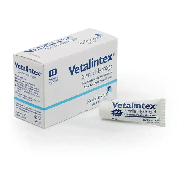 White cardboard box and matching tube of robinson vetalintex hydrogel clear viscose starch veterinary wound care product
