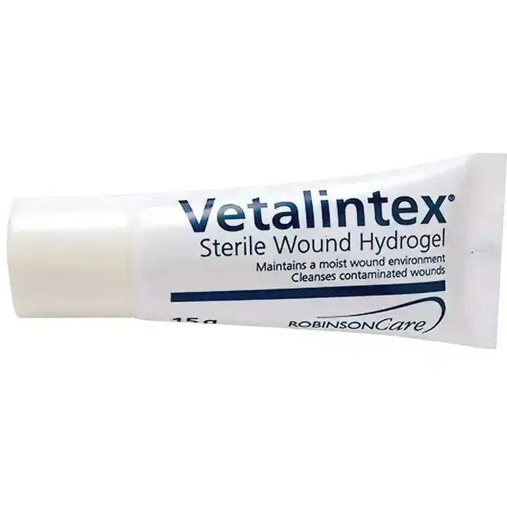 White tube of robinson vetalintex hydrogel sterile wound care gel made with clear viscose starch for healing wounds
