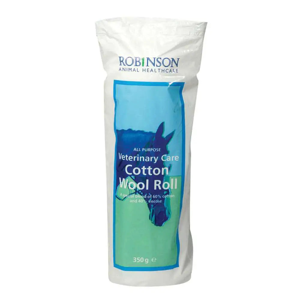 A white plastic pack of robinsons cotton wool 500gm with blue green label and horse silhouette for veterinary care