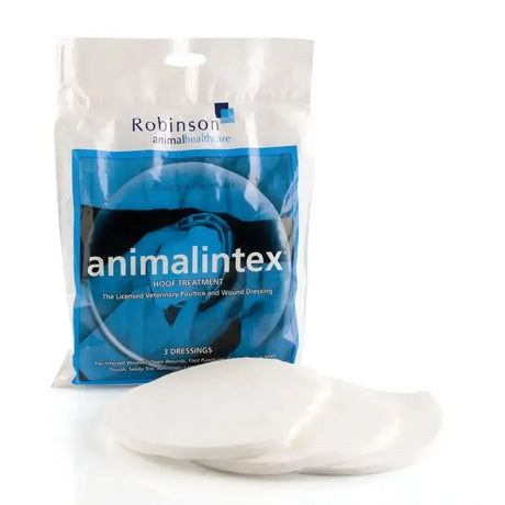 White soft textured hoof treatment dressings in blue white robinsons healthcare animalintex horse hoof package