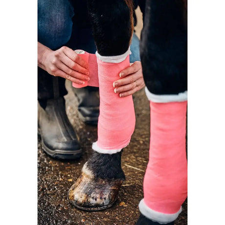 Pink fleece leg wrap with white trim by robinsons healthcare equiwrap vet wrap robinsons equiwrap bandage