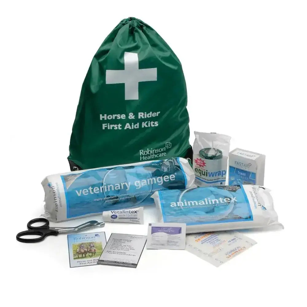 Green robinsons healthcare horse & rider first aid kit bag with white cross convenient wipe clean material