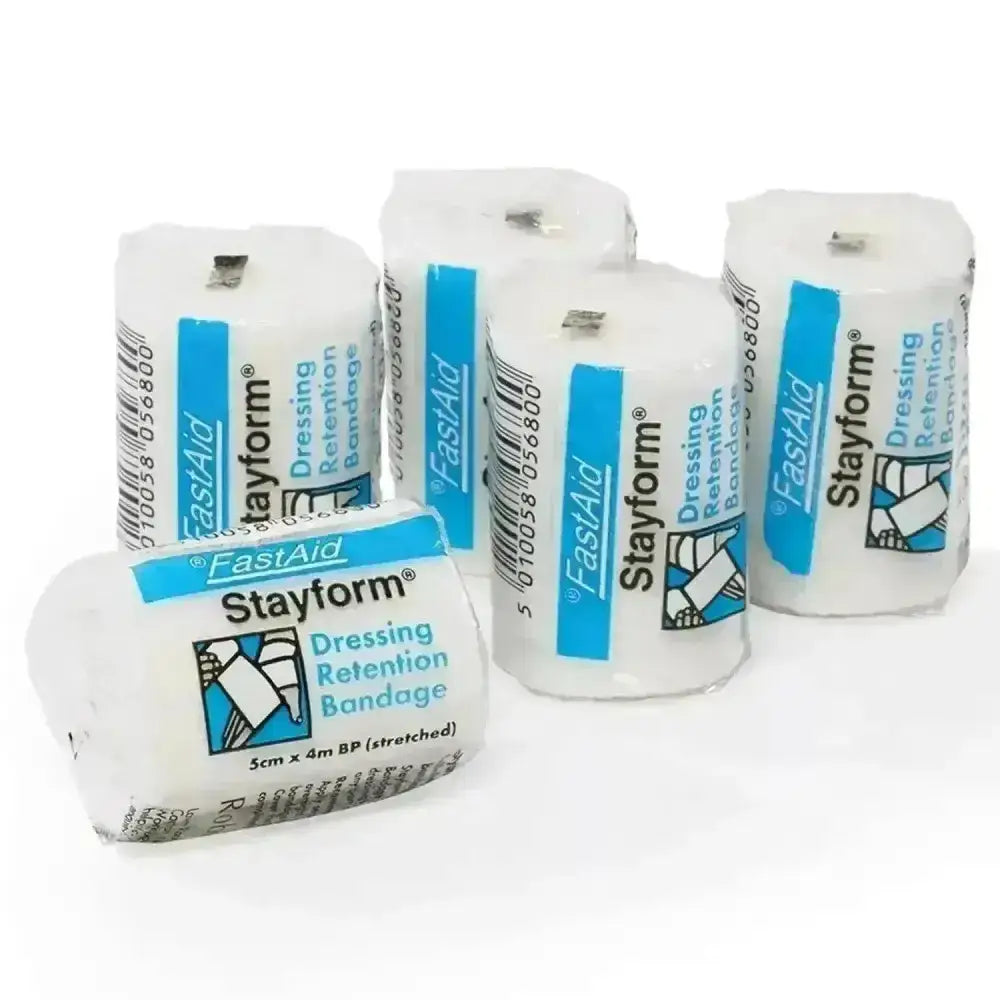 White robinsons healthcare stayform cellulose contour bandage rolls with blue and black labeling to secure dressings securely