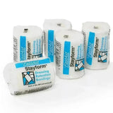 White robinsons healthcare stayform cellulose contour bandage rolls with blue and black labeling to secure dressings securely