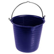 A navy blue robust bucket 15l made of uv-resistant plastic with a metallic handle and embossed measurement markings