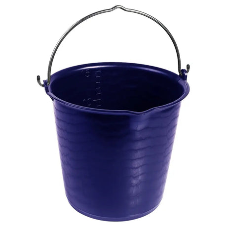 A navy blue robust bucket 15l made of uv-resistant plastic with a metallic handle and embossed measurement markings