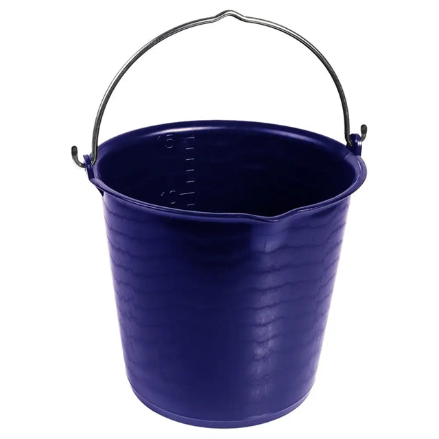 A navy blue robust bucket 15l made of uv-resistant plastic with a metallic handle and embossed measurement markings