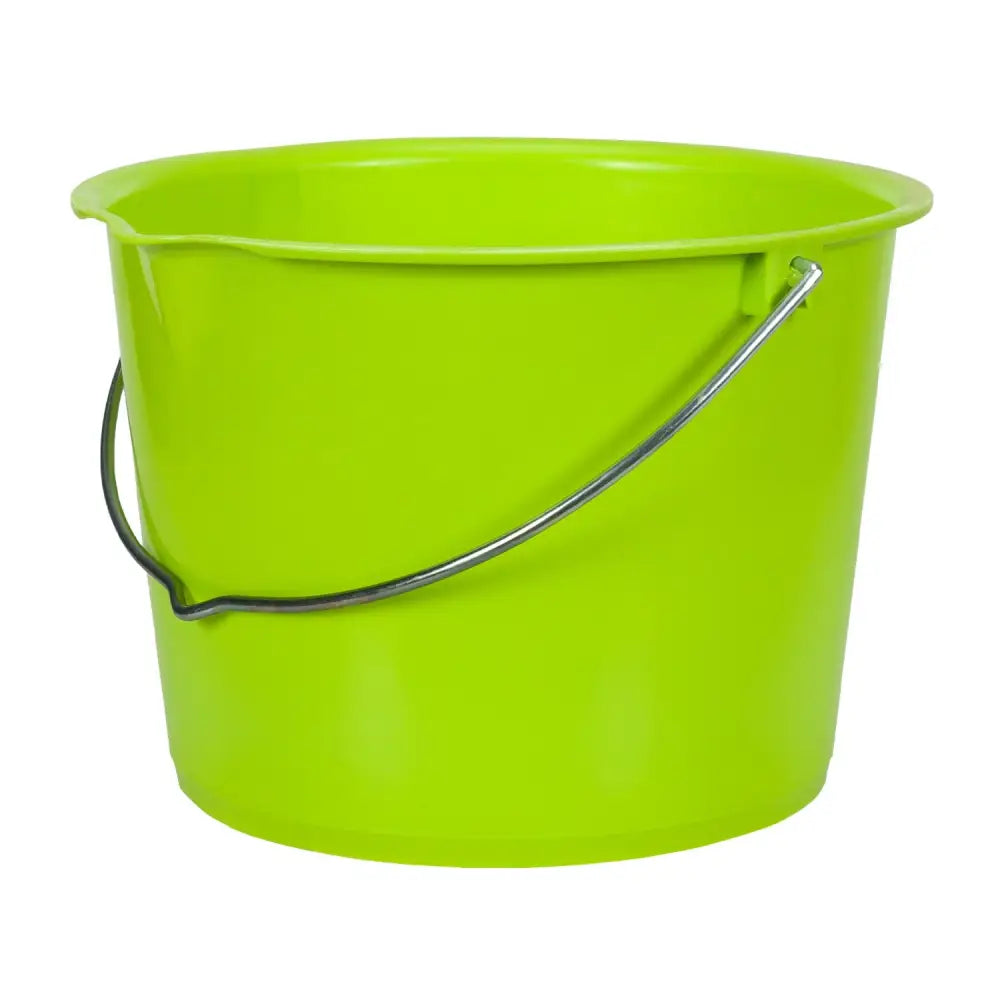 Bright lime green robust bucket 20l with uv-resistant plastic and silver metal handle for easy pouring and durability