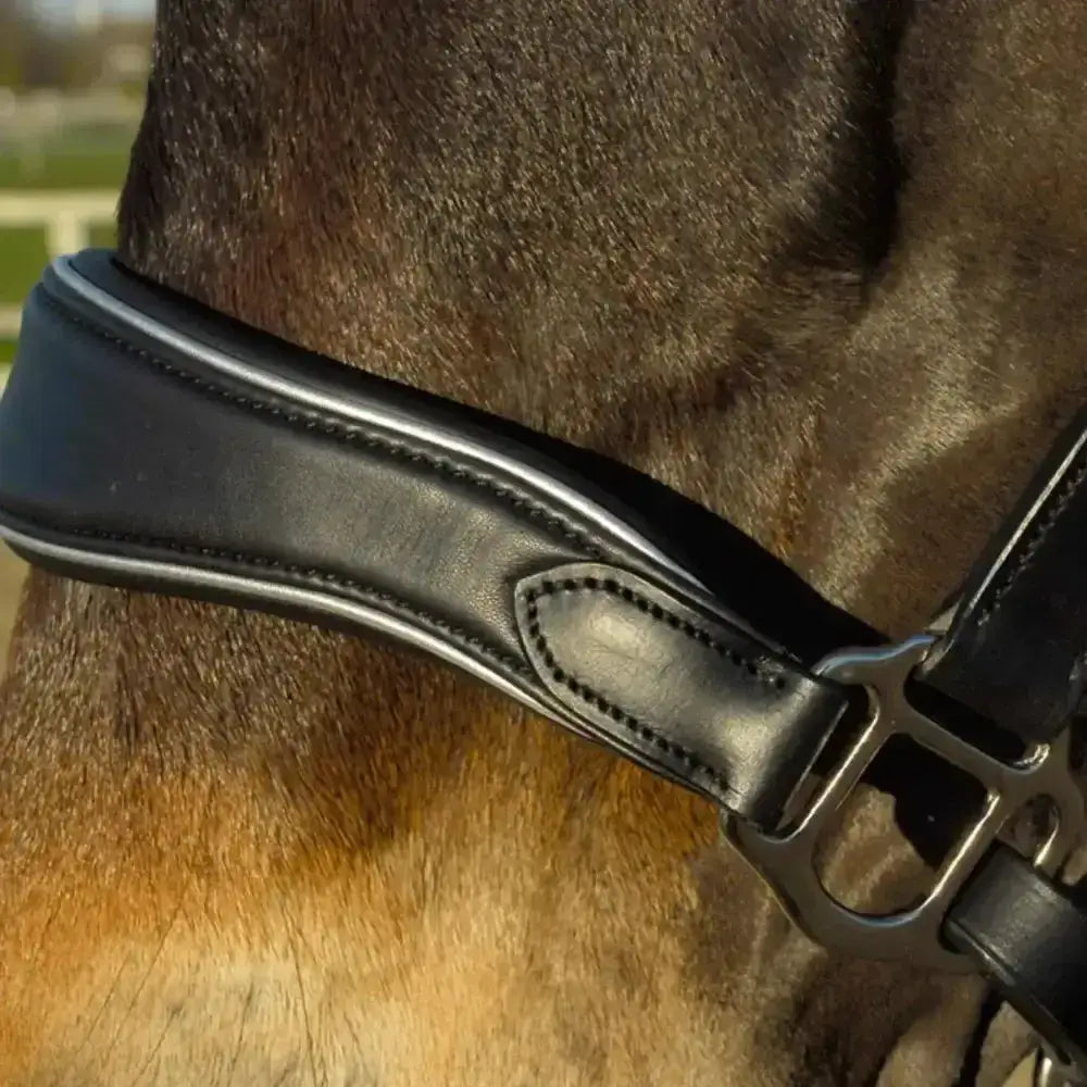 Black leather luxury padded leather headcollar strap with silver stitching and metal buckle from rocco italia turin