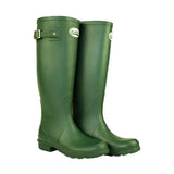 Deep green matt wellington boots with silver buckle and brand logo from rockfish women’s tall standard calf line
