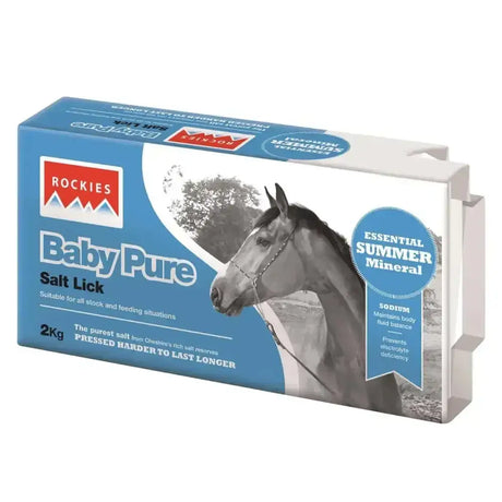 Blue and white rockies baby pure salt lick package with black and white horse image 2kg blocks pack of 10
