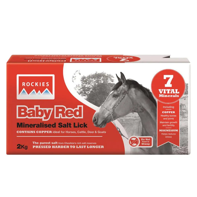Red and white packaged rockies baby red mineralised salt lick blocks for horses cattle deer goats to prevent trace element deficiencies during intensive grazing